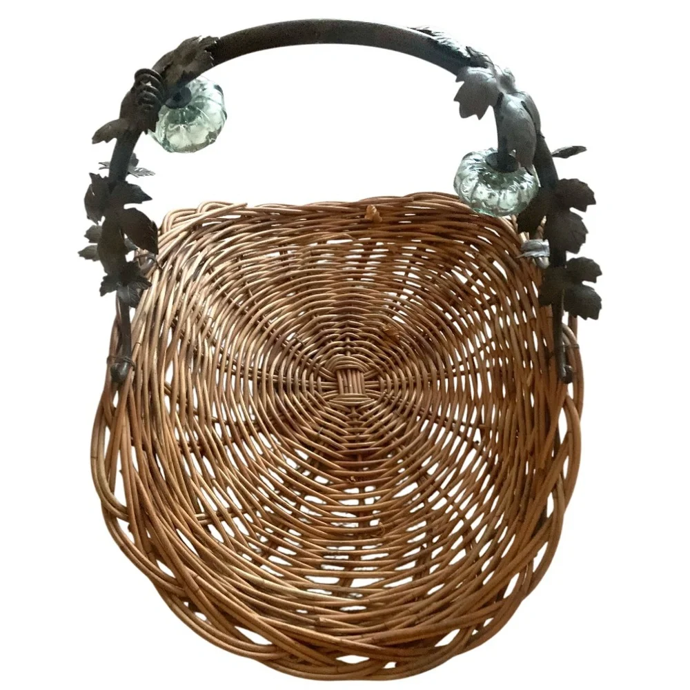 Large 30” Gathering Basket w Glass Pumpkins Metal Leaf Vine & Handle Log Holder